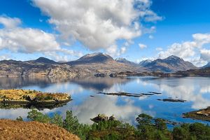 Blue skies and turquoise waters of a loch in Wester Ross