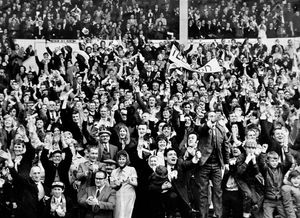 The FA Challenge Trophy Final played at Wembley on Saturday, May 1, 1971, between Telford United and Hillingdon. Telford came from 2-0 down to win 3-2. The caption reads: 'It's all over and the cup's ours. There's no mistaking the way these supporters feel about things as the Telford players parade round the Wembley pitch after winning the FA Challenge Trophy.'
