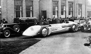 The Silver Bullet, made by Sunbeam, outside the Sunbeam works in 1930 