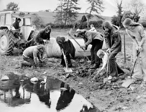 May 1974, the caption reads: 'Clun Youth Club members clear rubble from the banks of the lake while a tractor stands by ready to tow away a dumped sewage pipe.' The accompanying story said: 'Clun Pool, near Craven Arms, is to live again. The lake and surrounding land which became a dumping ground for rubbish is to be 'revitalised' in an ambitious bid to provide an amenity for everyone. Behind the plan to stock the cleared lake with fish and plant trees and flowers is Clun Youth Club, led by Mr Harry Dickinson. Members, aged 12 to 20, have cleared rubbish from the lake basin, rebuilt the banks of the feed streams and will soon start replanting. The next major task is to make the sluice gates operational so the pool can start filling again. The project is Clun Youth Club's entry in the Better Britain competition...' 