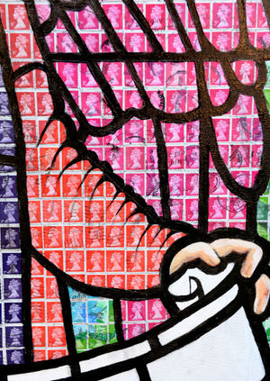 Each piece is put together using hundreds of recycled stamps