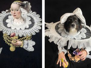 Supporting image for story: Artist spends pandemic isolation recreating famous artwork with her dog