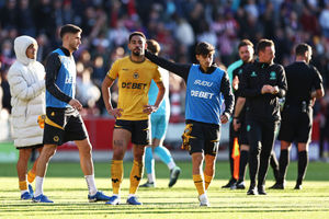 Matheus Cunha and Rodrigo Gomes following Wolves' loss at Brentford (Photo by Naomi Baker/Getty Images)