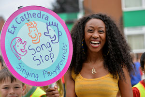 Beverley Knight with pupils at Uplands Junior School