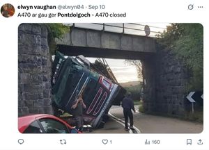 In September a lorry crashed into Pontdolgoch near Carno causing travel chaos. From Cllr Elwyn Vaughan's X/Twitter