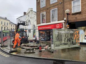 Supporting image for story: Work starts to re-instate Oswestry fountain hit and badly damaged by van last year
