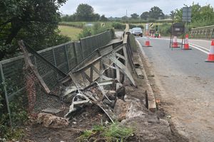 Onibury, near Ludlow - the bridge over the River Onny was left damaged after being hit by a tractor