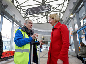 MP Emma Reynolds joins members of the TUC Midlands Pensioners' Network at Wolverhampton bus station to promote maintaining the free bus pass. Pictured talking to Yvonne Washbourne, who is chairman of the Midland TUC Pensioners' Network