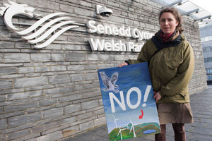 Clare Dunbar-Pollard  of Llanwrtyd Wells Anti Turbine and Pylon Community Group with a placard
