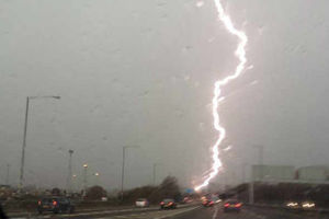This picture taken by Robin Hartley on his way back to Telford shows a dramatic lightning strike over the M6