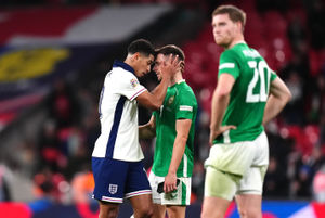 England's Jude Bellingham and Republic of Ireland's Jayson Molumby after the match between the two sides in 2024