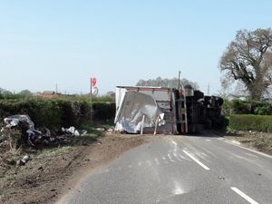 Supporting image for story: A53 crash: Lorry rolls over and sheds load blocking main road near Shrewsbury