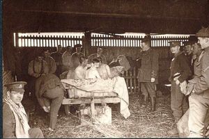 The 1/6th South Staffords bathing in a barn in Flanders, 1915. Courtesy of the Staffordshire Regimental Museum