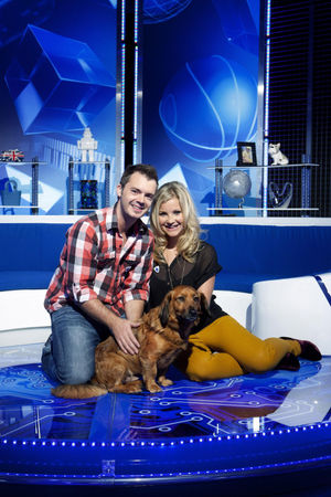 Helen Skelton and Barney Harwood with Barney the dog