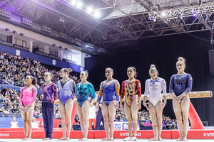 Far right, Alice Kinsella at the 2018 Gymnastics World Cup, held at Arena Birmingham. Pic: Chris Bowley