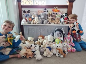 Charlie and Liam with the teddy bears they collected at their home in Market Drayton