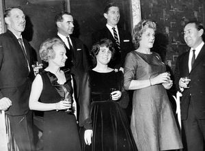 Vincent Greenhous (Wellington) Ltd Christmas dinner at Heath's Town House, Wellington. Picture taken on Tuesday, December 21, 1965. The caption reads: 'Mr Patrick Greenhous (extreme right), chairman and managing director of Messrs. Vincent Greenhous (Wellington) Ltd., chatting to guests at the staff party and dinner at Heath's Town House on Tuesday. Chief guests: (back row, left to right): Mr B.A. Vaughan, Mr H.C. Gittins, Mr A. Pritchard. Front row, left to right: Mrs P. Greenhouse (sic, but presumably correctly Greenhous), Mrs H. Gittins, and Mrs B. Vaughan.'