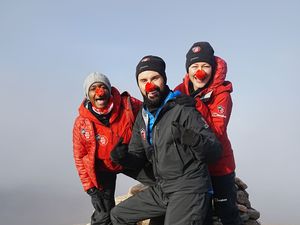 Supporting image for story: Emma Willis, Rylan Clark and Oti Mabuse reach summit in Red Nose Day trek