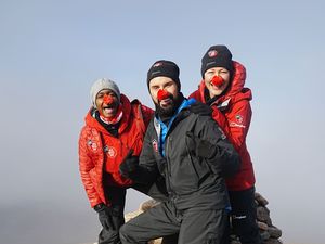 Supporting image for story: Emma Willis, Rylan Clark and Oti Mabuse reach summit in Red Nose Day trek