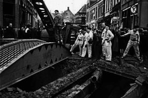 Engineers constructing a Bailey bridge in Roosendaal, Holland