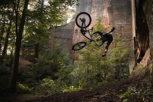 Stunt riders Danny MacAskill and Kriss Kyle film This and That at Nescliffe in Shropshire. Photo: Dave Mackison