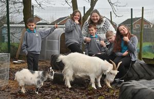 Pics in Market Drayton at Longlands Primary School where they are delighted. Head: Lisa Millington is pictured with Andrei Arsenie, Mia Freail, Alfie Davies, Lucas Matthews and Ella Lawton. With the school goats (big one is Leo and the small one if pictured is Sheila).