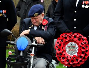 Remembrance event at Wednesbury Memorial Gardens. A veteran remembers the fallen.