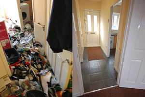 BEFORE – The area by the door is strewn with rubbish. AFTER – you can now see the floor and the front door mat.