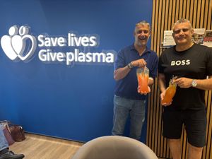 Paul Cadman, right, CEO of Starting Point Recruitment in Walsall, with Phil Upton, BBC Radio Cov presenter, after giving plasma at the NHS Birmingham donor centre.