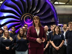 Rachel Reeves standing in front of employees while speaking at the Rolls-Royce factory in Derby