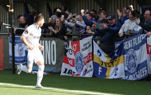 Halesowen Town supporters celebrate taking the lead at Spalding United. Picture: Steve Evans