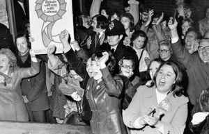Labour party supporters in The Wrekin constituency celebrating after the October 1974 general election. 