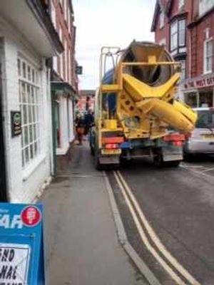 A cement mixer trying to negotiate the narrow streets of Much Wenlock. Photo by Vanessa Laming.