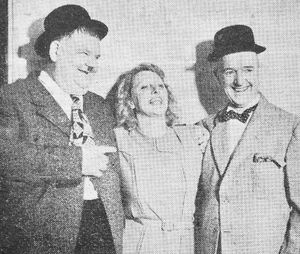 Ollie and Stan during their Dudley run in 1947 with Mrs Marie Jones, of the Gate Inn, New Invention.