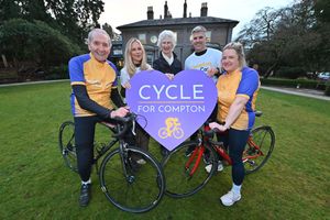 Cycling legend Hugh Porter launches the Cycle for Compton challenge.. He is pictured along with L-R: Cara Bright (Compton Fundraiser), Anita Lonsbrough (Swimming legend and Hugh's wife). Compton Care Ambassador: Brendon Turner and Emily Thompson (Compton Community & Events Manager).