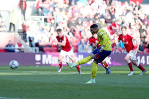 Karlan Grant of West Bromwich Albion scores a goal to make it 1-1 from the penalty spot during the Sky Bet Championship match between Bristol City and West Bromwich Albion at Ashton Gate on March 19, 2022 in Bristol, England. (Photo by Adam Fradgley/West Bromwich Albion FC via Getty Images).