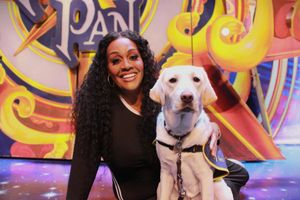 Alison Hammond on stage with a guide dog puppy.