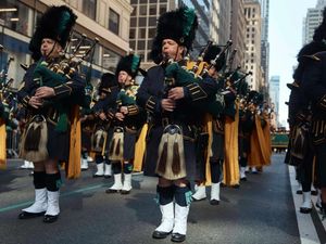 Bagpipers march along Fifth Avenue during the St Patrick’s Day Parade