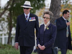 The Princess Royal, president of the Commonwealth War Graves Commission, and Vice Admiral Sir Tim Laurence at the grave in Sedd el Bahr of Lieutenant Colonel Charles Doughty-Wylie VC of the Royal Welch Fusiliers
