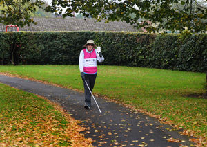 Completing a marathon over seven days, raising money for RNIB, severely visually impaired David Smith, at Market Drayton Town Park