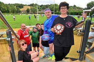 Will's mother Mandy Oliver (right) and Fran Spicer (sitting). Back, from left: Ian George (Bridgnorth club manager), Ryan Broster (Bridgnorth CPT), Ryan Hazeldine and James Riley (playing for Riley Tops), Lydia Goldie (Will's sister), and Flaming Unicorns captain Gary Morgan