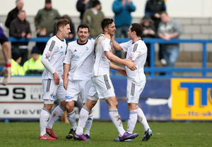 Andy Owens of AFC Telford United celebrates after scoring a goal to make it 2-0 with his team-mates