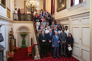 King Charles III (front centre) poses with attendees including Idris Elba, Prime Minister Sir Keir Starmer, Home Secretary Yvette Cooper, Culture Secretary Lisa Nandy, at the Youth Opportunity Summit at St James's Palace in London, with young people, youth organisations, government officials, and representatives from the sports, education and arts sectors
