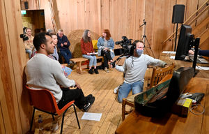 Presenter Will Kirk (left) gets set to film at Stafford Castle