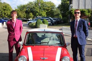 Stephen and Andrew Hill choosing to arrive by a retro Mini