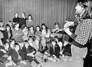 January 1974: 'Terry Moore sings songs from the rock musical to pupils of the Grove School' and the accompanying story reads: 'Pupils at The Grove Comprehensive School at Market Drayton had a brief introduction to a rock musical. Lonesome Star is being presented by a cast of 30 Jesus People at the Queen's Theatre, Burslem, next week and a party from the school is attending one of the performances.'