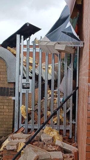 Damaged units at Shell Corner Trading Estate in Blackheath, Halesowen, after a wall was blown down by Storm Eunice. Photo: West Midlands Fire Service