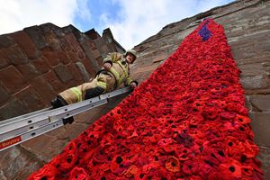 Fireman Josh Dorner helped put up the poppy display in Baschurch
