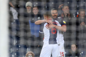 Andy Carroll of West Bromwich Albion celebrates after scoring a goal to make it 2-0 with Jake Livermore of West Bromwich Albion during the Sky Bet Championship match between West Bromwich Albion and AFC Bournemouth at The Hawthorns on April 6, 2022 in West Bromwich, England. (Photo by Adam Fradgley/West Bromwich Albion FC via Getty Images).
