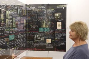 Annette Badland looking at the timeline on display at Birmingham's Old Rep Theatre